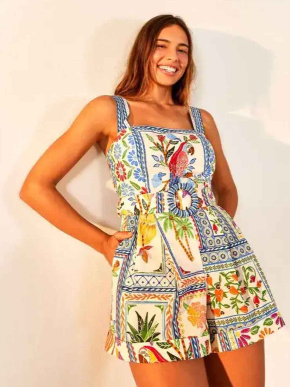 Farm Rio Romper Size Small Tropical Tile with Beaded Buckle! - Picture 9 of 11